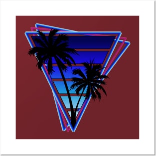 Retrowave style palm tree sunset Ultra Blue Posters and Art